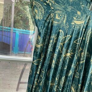 Free people teal and ivory printed romantic dress with rusched shoulder .